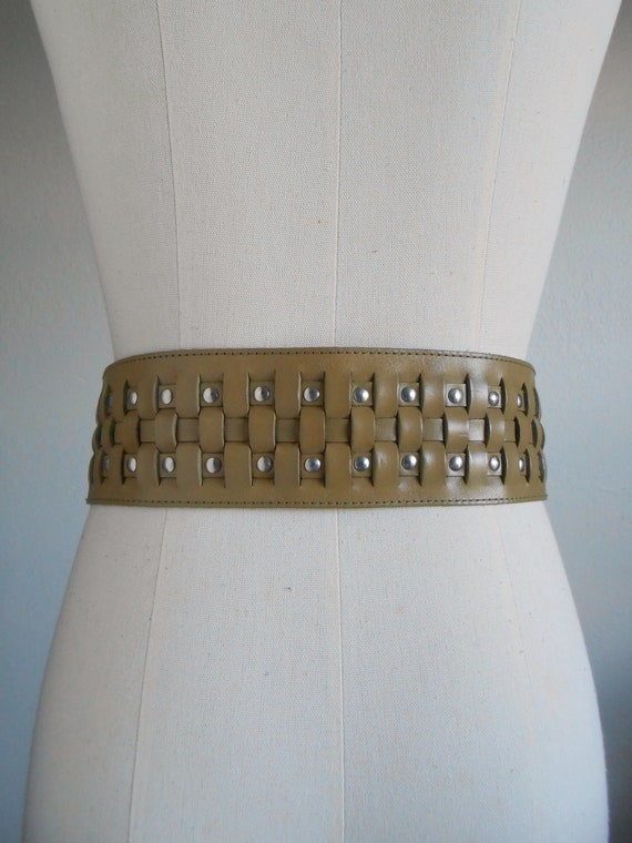 80s vintage belt - green leather belt silver buck… - image 5