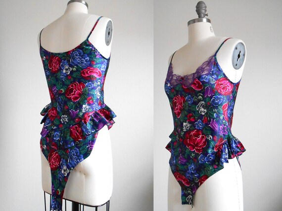 80s vintage teddy lingerie - purple blue floral sa