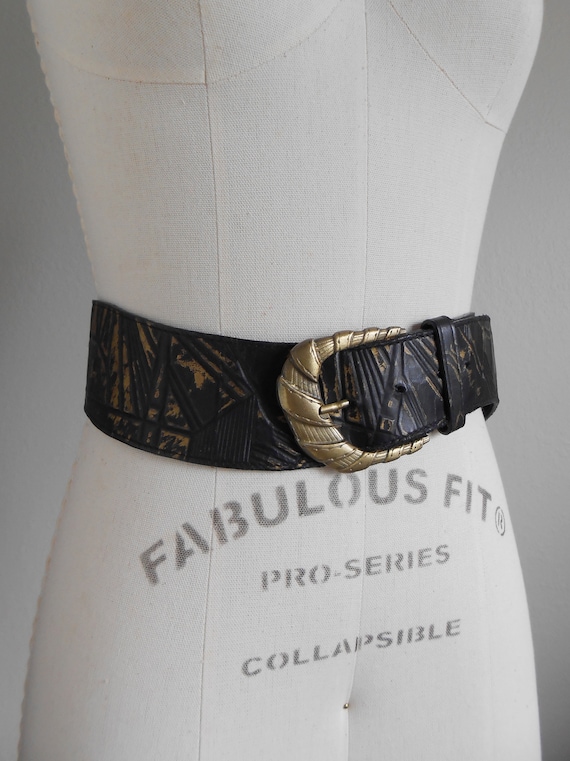 80s, 90s vintage belt - black leather belt gold b… - image 2