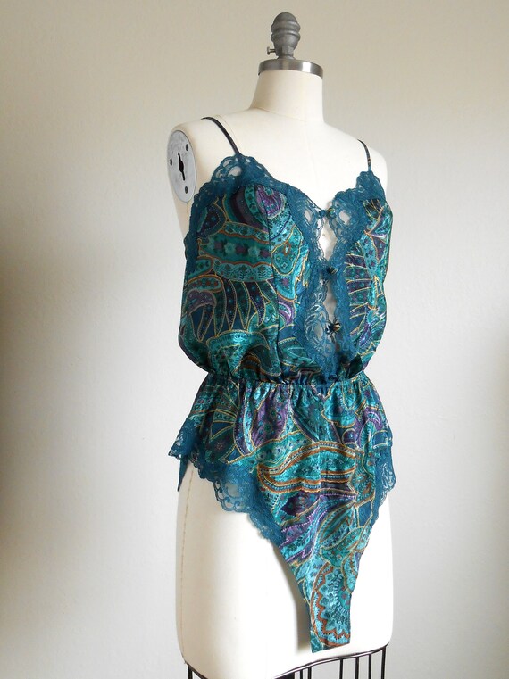 80s, 90s vintage teddy lingerie - teal gold paisl… - image 4