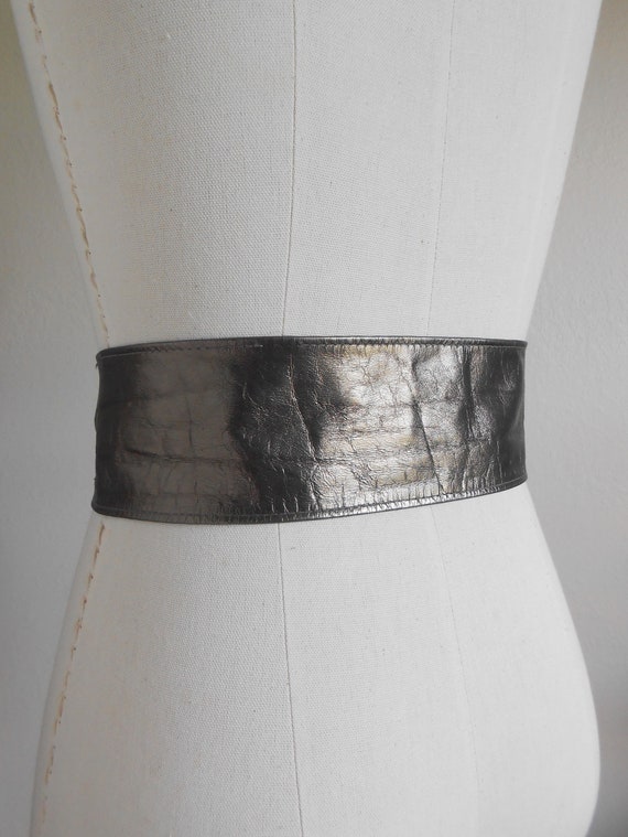 80s vintage belt - silver pewter leather belt M -… - image 4