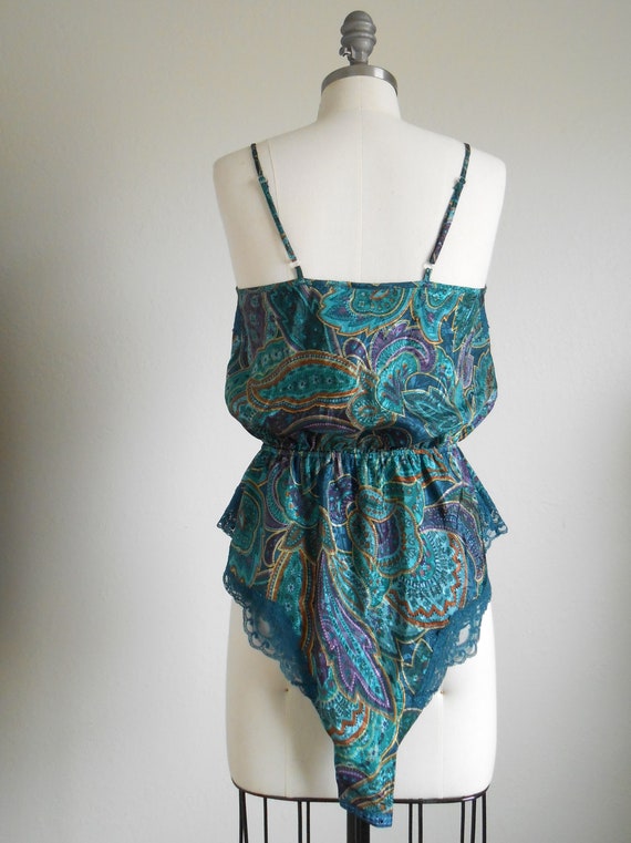 80s, 90s vintage teddy lingerie - teal gold paisl… - image 6