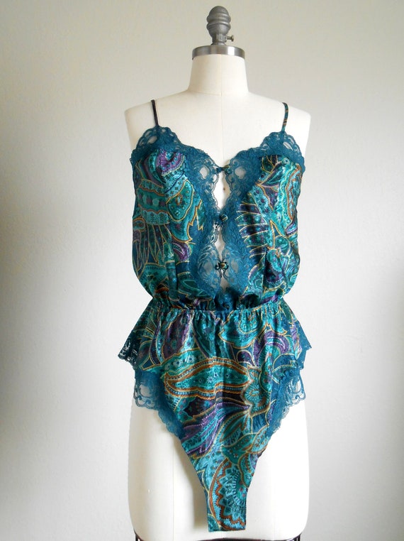 80s, 90s vintage teddy lingerie - teal gold paisl… - image 3