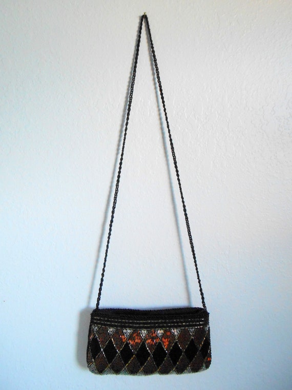 80s vintage beaded bag - black brown metallic pur… - image 4