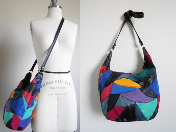 80s, 90s vintage bag - black leather patchwork bag