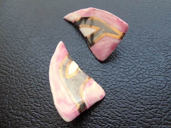 80s vintage earrings - ceramic mauve pink silver … - image 4