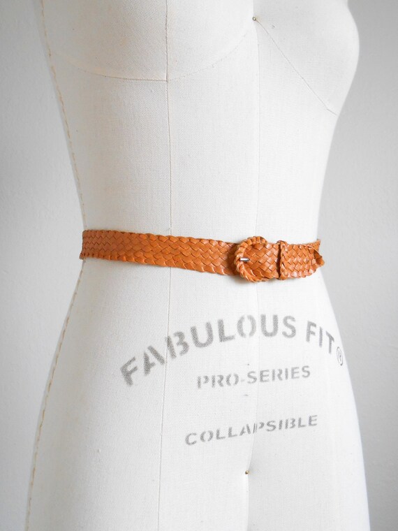 70s vintage belt - leather caramel brown braided … - image 2