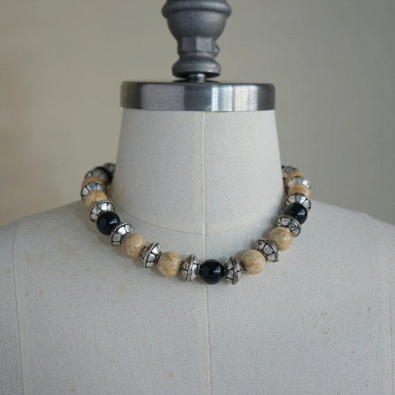 80s, 90s Necklace - Black Tan Silver Necklace - B… - image 3