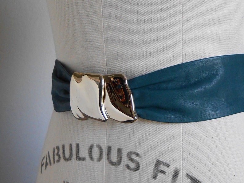 80s vintage leather belt green leather gold M belt 80s Forest Dream belt image 5