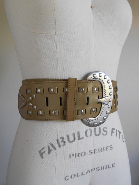 80s vintage belt - green leather belt silver buck… - image 3