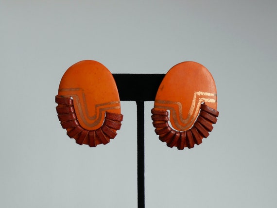 80s vintage earrings – orange brown wood leather … - image 3