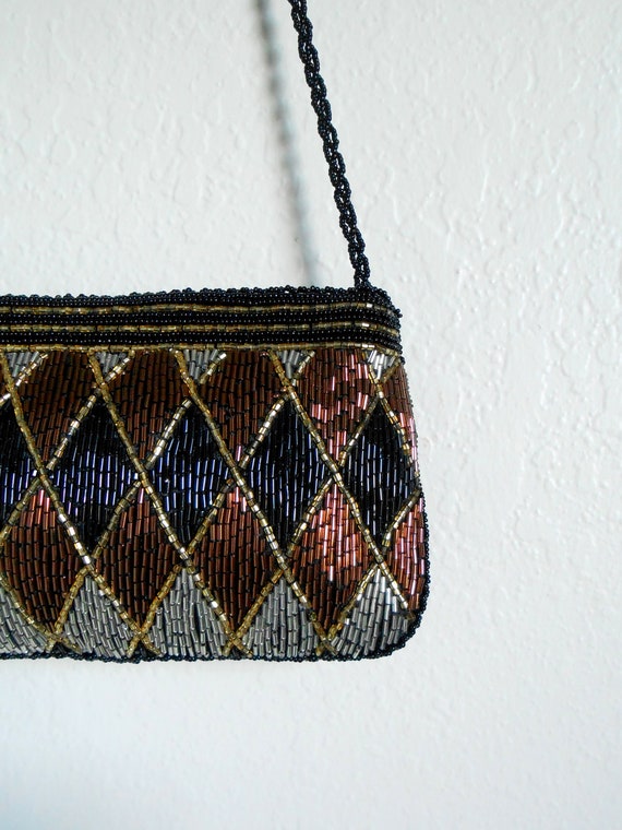 80s vintage beaded bag - black brown metallic pur… - image 6