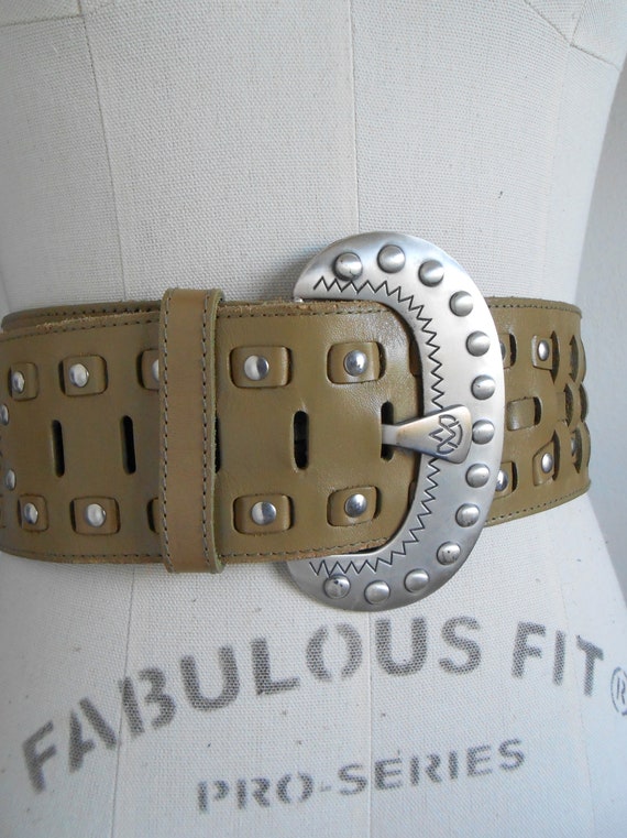 80s vintage belt - green leather belt silver buck… - image 4