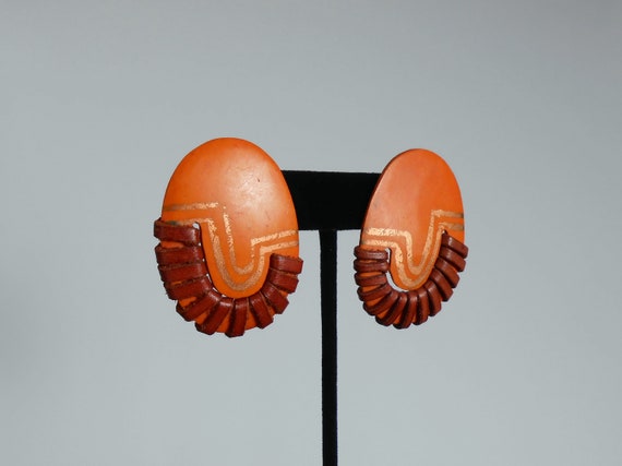 80s vintage earrings – orange brown wood leather … - image 2