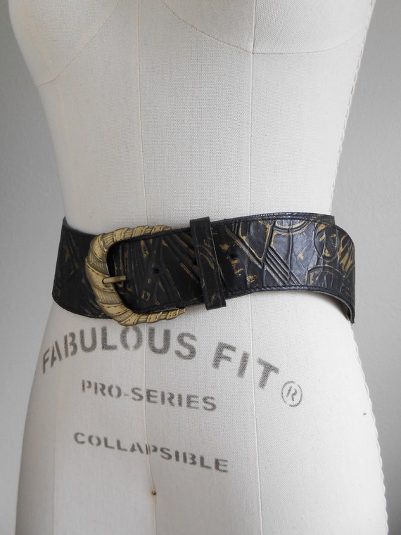 Black vintage belt 90s vintage belt Waisted genuine leather belt Gold buckle belt 80s black belt