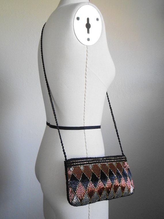 80s vintage beaded bag - black brown metallic pur… - image 1