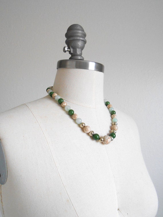 80s vintage necklace - stone green tan stone neckl