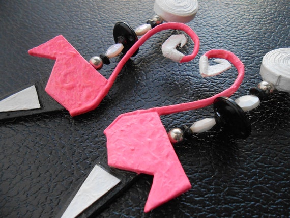 80s vintage earrings - pink white black paper mac… - image 2