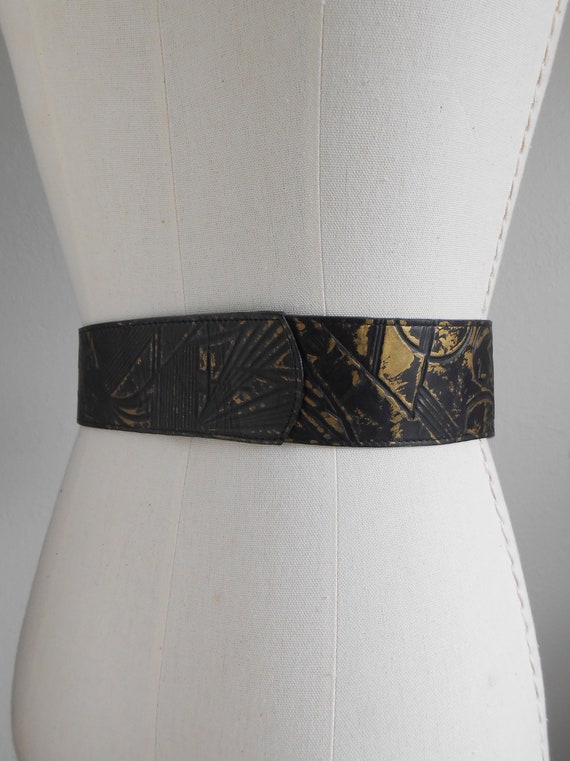 80s, 90s vintage belt - black leather belt gold b… - image 4