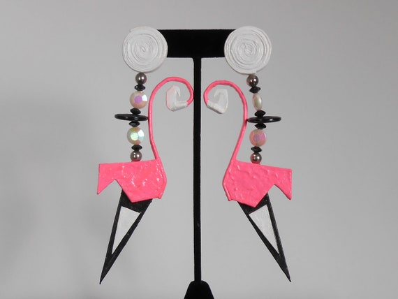 80s vintage earrings - pink white black paper mac… - image 3