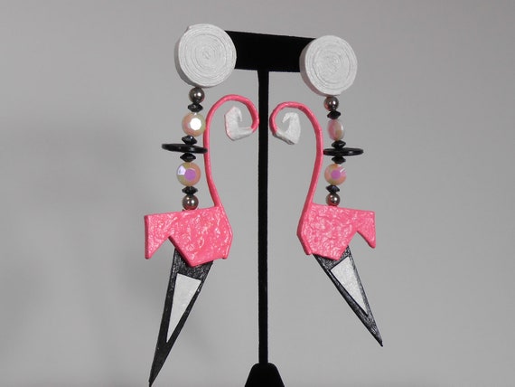 80s vintage earrings - pink white black paper mac… - image 4