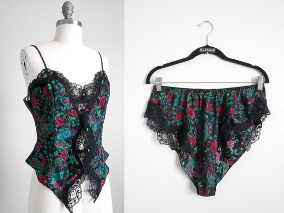 80s, 90s vintage lingerie set - black floral paisl