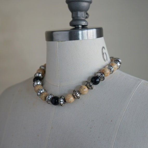 80s, 90s Necklace - Black Tan Silver Necklace - B… - image 4