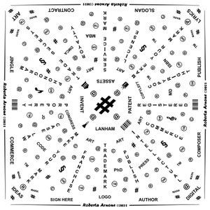 May include: A black and white diagram with a hashtag in the center. The diagram is surrounded by a circle of words related to intellectual property, including "copyright", "trademark", "patent", "invent", "assets", "slogan", "jingle", "commerce", "publish", "composer", "lyrics", "ideas", "author", "digital", "franchise", "congress", "registered", "copyleft", "isbn", "royalty", "service", "art", "mark", "sm", "tm", "@", "#", "$", "&", "c", "r", "p", "md", "and more. The words are arranged in a circular pattern around the hashtag. The diagram is titled "Roberta Arnone ©2021".