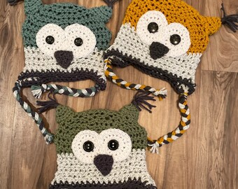 Kids Owl Hat. Toddler Owl Hat. Infant Owl Hat. Hunter Green, Muted Teal, Mustard Yellow Crochet Kids Hat.