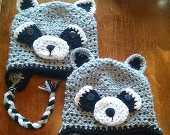 Raccoon crochet hats for infants, toddlers, and kids. Adorable kids raccoon hat. Crochet Fall kids hat. Raccoon hat.