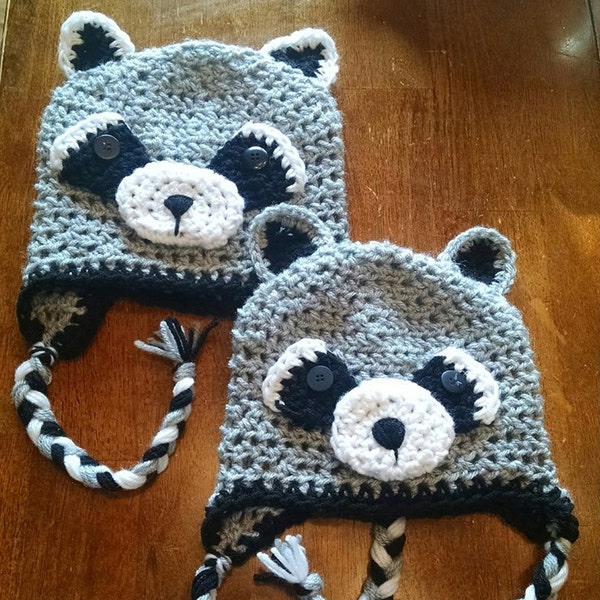 Raccoon crochet hats for infants, toddlers, and kids. Adorable kids raccoon hat. Crochet Fall kids hat. Raccoon hat.