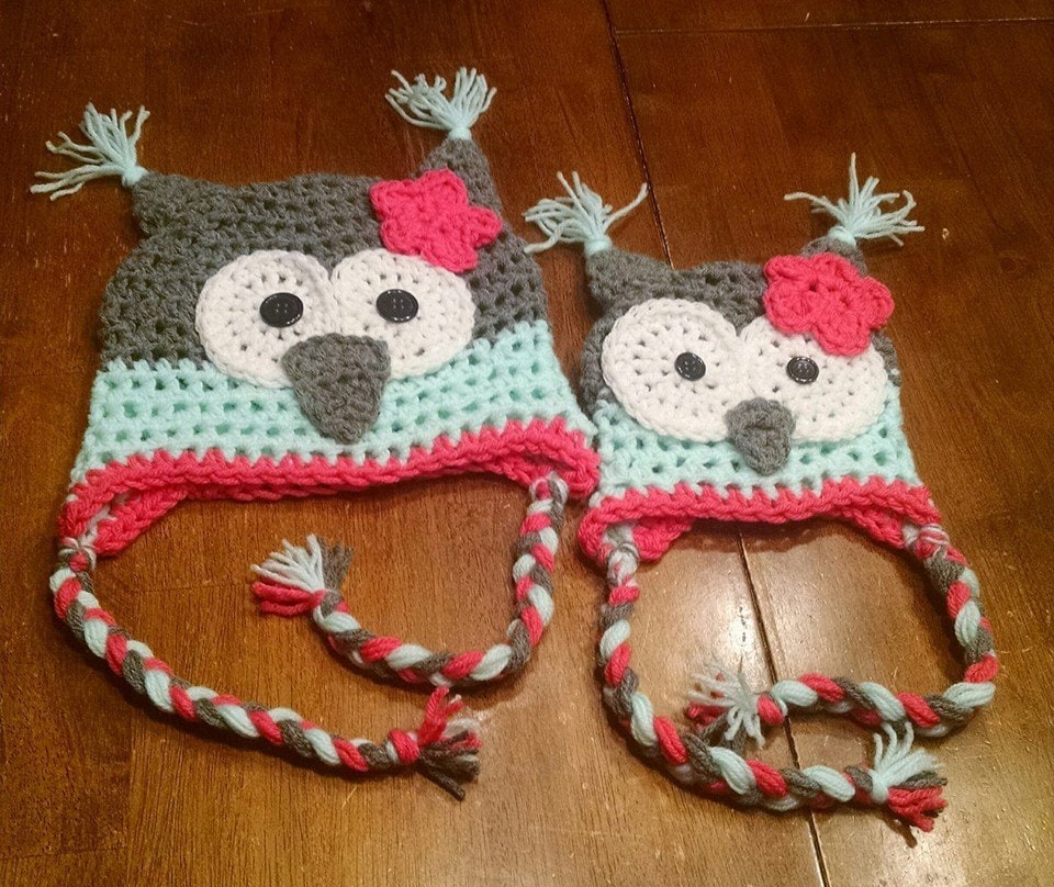 Mint/Coral/Gray Baby, Newborn, Infant, Toddler Owl hat with horns and braids. Gray, Mint, and Coral 