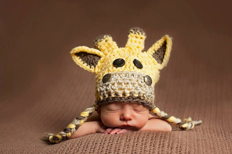 Giraffe Hat. Baby Crochet Giraffe Hat. Newborn Giraffe hat. Available in many sizes, kid/infant/toddler/ giraffe hat. Perfect Newborn prop. image 1