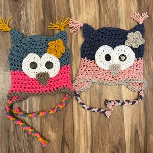 Kids Owl Hat w/ Flower. Toddler Owl Hat w/ Flower. Infant Owl Hat w/Flower. Teal/Pink/Mustard owl hat. Navy/Light Pink owl hat.