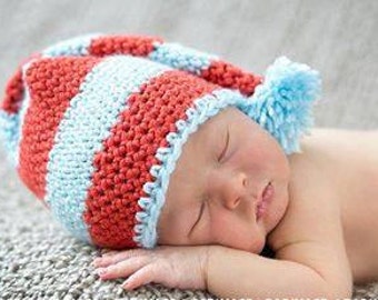 Newborn/baby/infant crochet stocking hat with pom pom. Baby blue and red hat. Newborn photo prop.