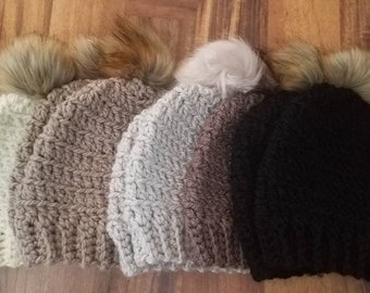 Cream, tan, bone, muted brown and black adult beanie with fur pom. Adult fur pom hat. Winter hat with fur pom.