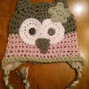 Baby/infant/newborn/kid/toddler adorable owl hat in muted gray/pink with horns and flower