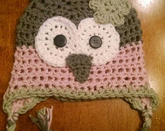 Baby/infant/newborn/kid/toddler adorable owl hat in muted gray/pink with horns and flower