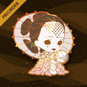 May include: Enamel pin featuring a stylized illustration of a woman with brown hair and a parasol. The pin has a gold and pink color scheme, with the word "PREORDER" in gold on a diagonal banner.