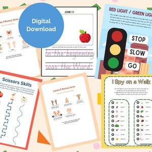 May include: A collection of colorful educational printables for children. Includes pages with handwriting practice, scissor skills, memory verses, and an "I Spy" game. The text "Digital Download" is in a blue circle.