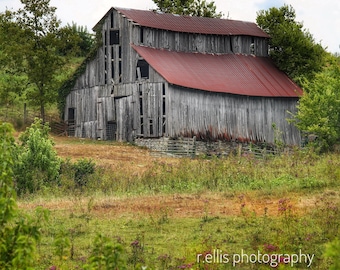 May include: A weathered wooden barn with a red metal roof sits on a grassy hillside. The barn has a large, open door and several windows. The barn is surrounded by trees and bushes.