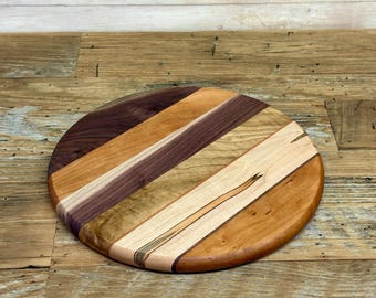 Wooden Cutting Board, 12 Inch Round, Walnut, Cherry, Chestnut and Ambrosia Maple Wood