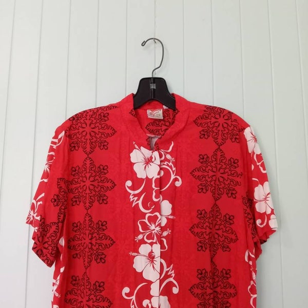 SALE Strawberry Guava Sz M Vintage Hawaiian Aloha Shirt Blouse Red Quilt Block Print Mandarin Collar