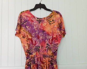 SALE Vintage 80's 90's Tropical Aloha Dress Dolman Sleeve Open Back Midi Length Sz M