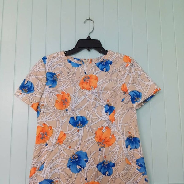 Vintage 1960's Hawaiian Aloha Flower Power Shift Dress Sz M Polyester