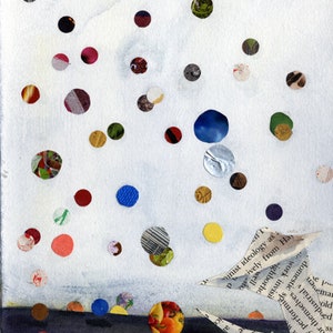 May include: Abstract watercolor painting with a white background and scattered colorful circles. The circles vary in size, color, and pattern, including red, blue, yellow, and patterned textures. A dark blue and black area is at the bottom.