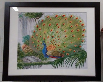 Framed Peacock Counted Cross Stitch: Home Decor (24x30 inch)