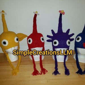 Pikmin, Pikmin hat, Crochet Hat Pikmin, Halloween costume hat, Props (Hat only), Red, Yellow, Purple, Royal Blue, Made to Order