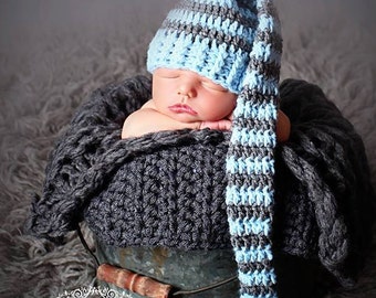 Crochet Baby Elf Hat: Blue Gray Long Tail Newborn Photo Prop