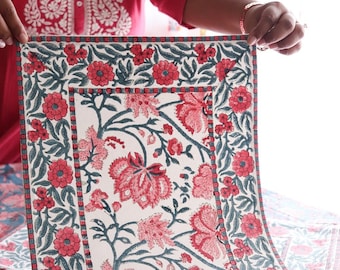 Hand Block Print Cotton Canvas Placemats – Floral Boho Table Setting (Set of 6)
